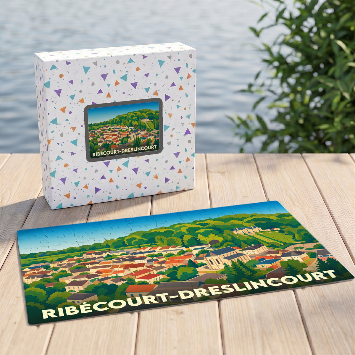 Puzzle souvenir de la ville de Ribécourt-Dreslincourt avec une illustration stylisée et colorée du paysage urbain.