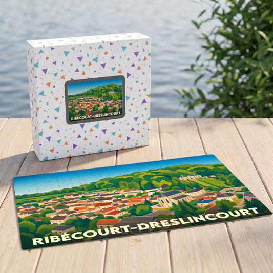 Puzzle souvenir de la ville de Ribécourt-Dreslincourt avec une illustration stylisée et colorée du paysage urbain.