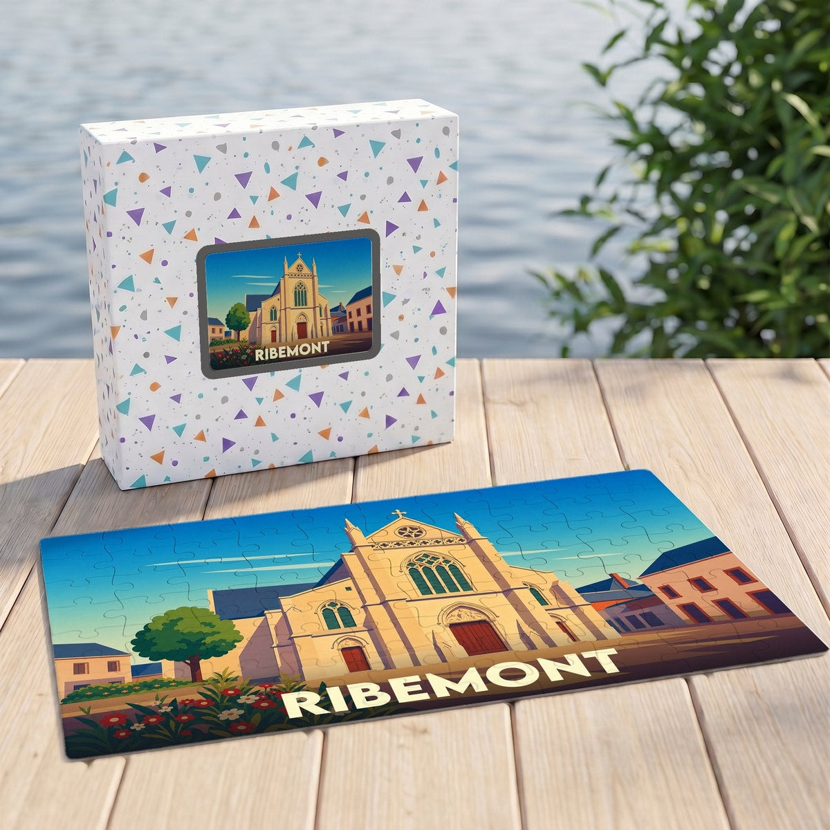 Puzzle souvenir de la ville de Ribemont présentant une illustration stylisée de son église.