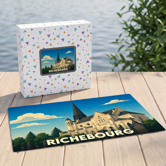 Puzzle souvenir de la ville de Richebourg avec une illustration stylisée d'une église.
