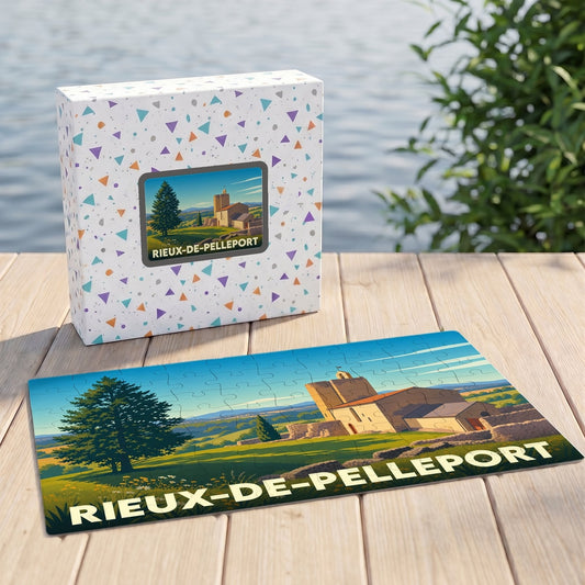 Puzzle souvenir de la ville de Rieux-de-Pelleport avec une illustration paysagère stylisée.