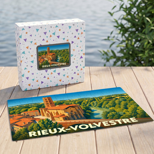 Puzzle souvenir de la ville de Rieux-Volvestre avec une illustration panoramique stylisée.