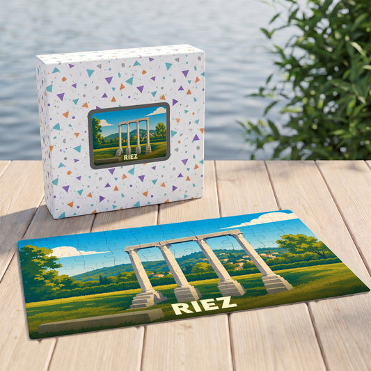 Puzzle souvenir de la ville de Riez représentant ses colonnes antiques avec une illustration stylisée.