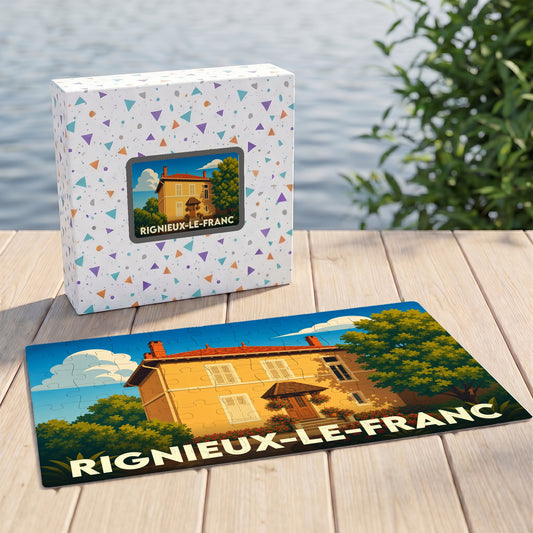 Puzzle souvenir de la ville de Rignieux-le-Franc avec une illustration stylisée d'une maison traditionnelle.