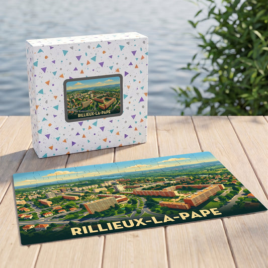 Puzzle souvenir de la ville de Rillieux-la-Pape avec une illustration stylisée vue du ciel.