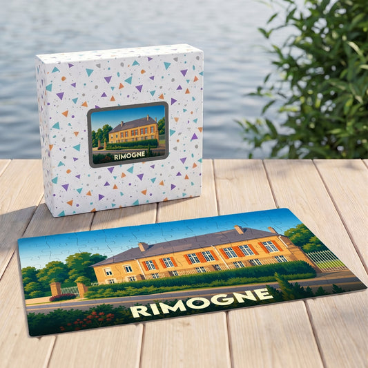 Puzzle souvenir de la ville de Rimogne avec une illustration stylisée d'un bâtiment historique.