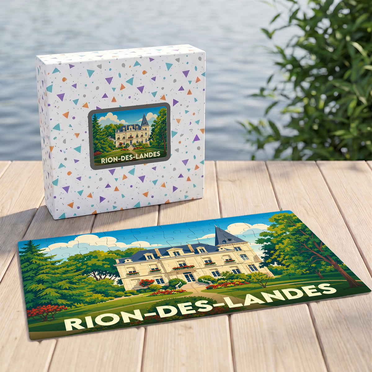 Puzzle souvenir de la ville de Rion-des-Landes avec une illustration stylisée d'un château.