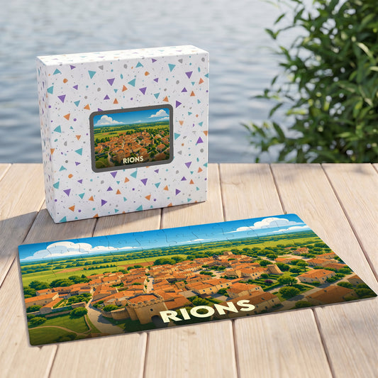 Puzzle souvenir de la ville de Rions représentant une vue aérienne illustrée du village.