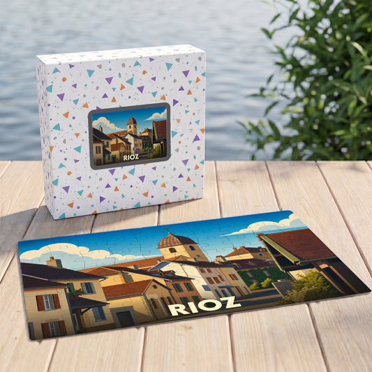 Puzzle souvenir de la ville de Rioz avec une illustration stylisée.