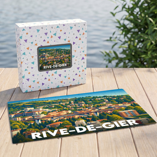 Puzzle souvenir de la ville de Rive-de-Gier présentant une illustration panoramique colorée et stylisée.