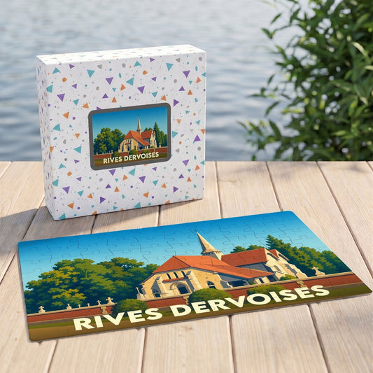 Puzzle souvenir de la ville de Rives Dervoises avec une illustration stylisée.