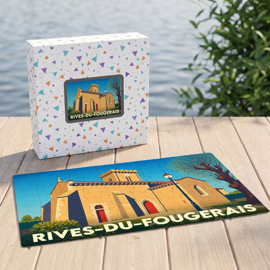 Puzzle souvenir de la ville de Rives-du-Fougerais avec une illustration stylisée de son église.