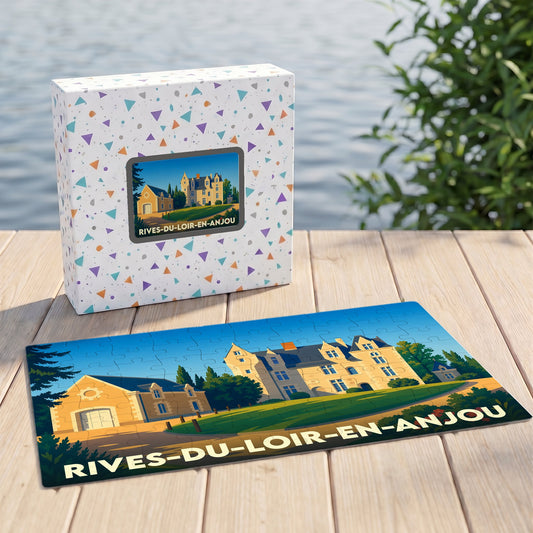 Puzzle souvenir de la ville de Rives-du-Loir-en-Anjou avec une illustration stylisée d'un château.