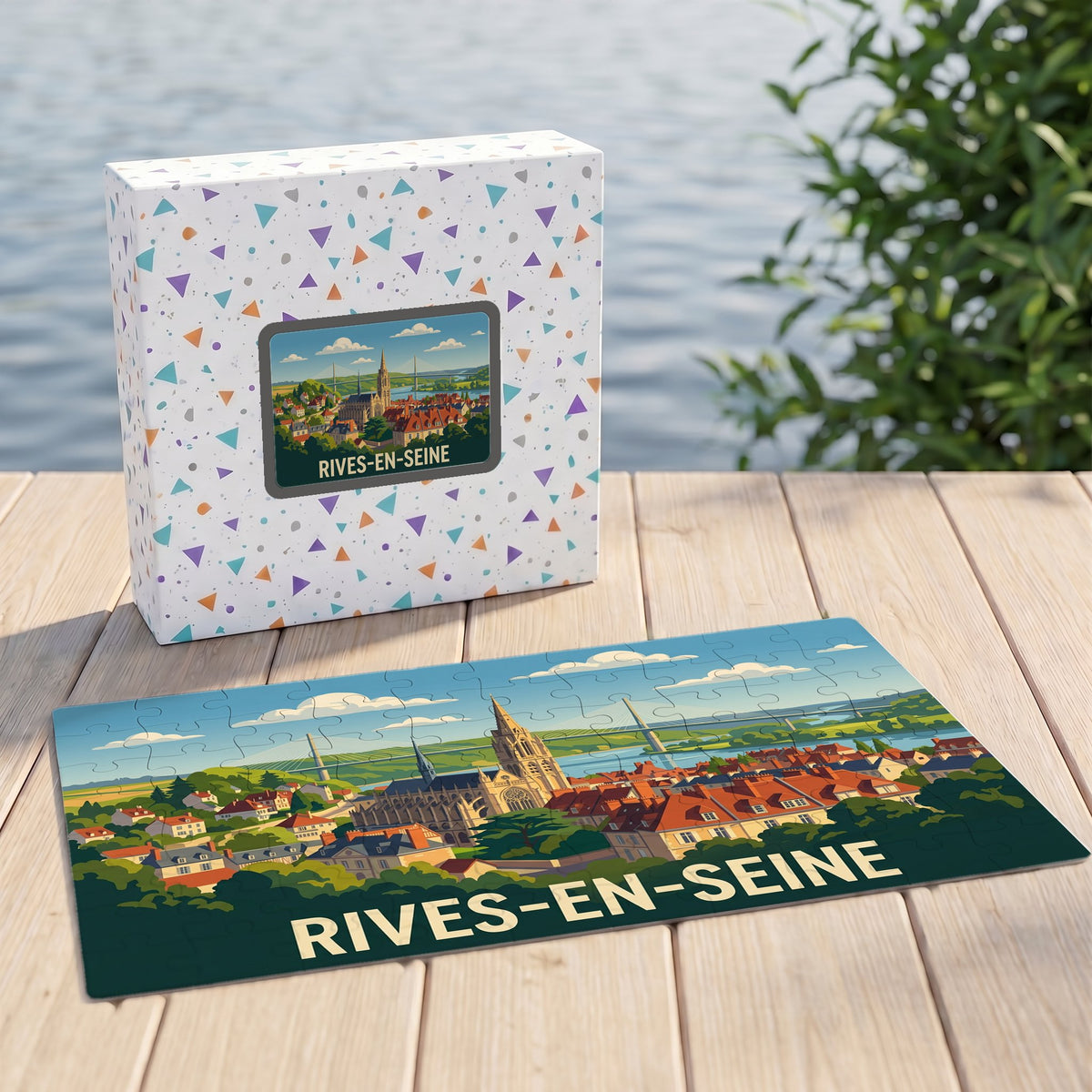 Puzzle souvenir de la ville de Rives-en-Seine avec une illustration stylisée et colorée.