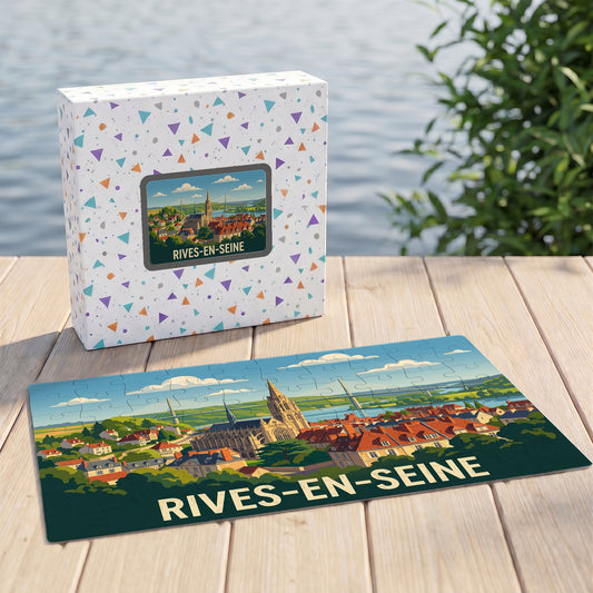 Puzzle souvenir de la ville de Rives-en-Seine avec une illustration stylisée et colorée.