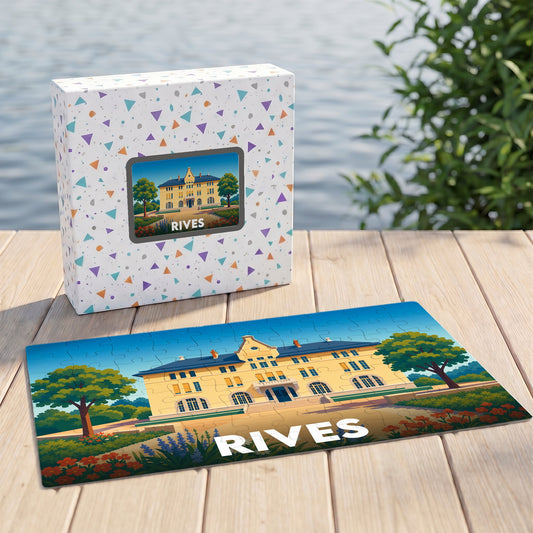 Puzzle souvenir de la ville de Rives avec une illustration stylisée d'un bâtiment historique.