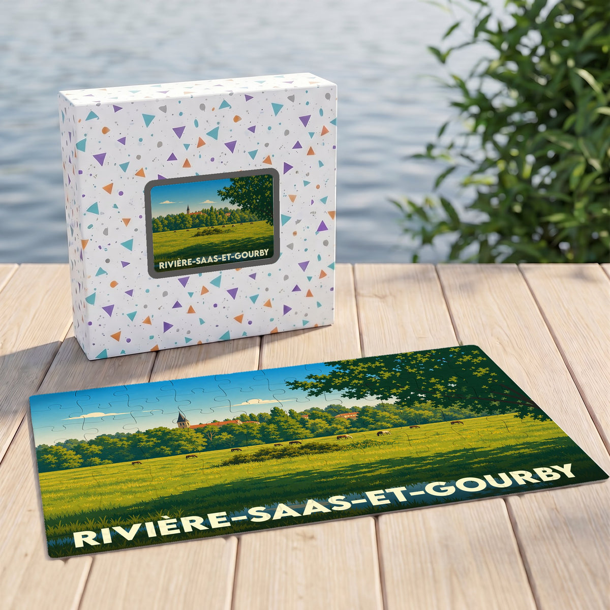 Puzzle souvenir de la ville de Rivière-Saas-et-Gourby avec une illustration champêtre stylisée.