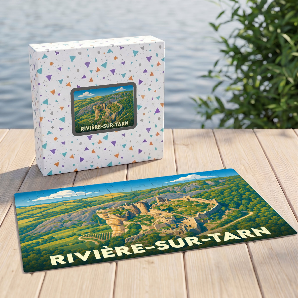 Puzzle souvenir de la ville de Rivière-sur-Tarn avec une illustration stylisée d'un château médiéval.