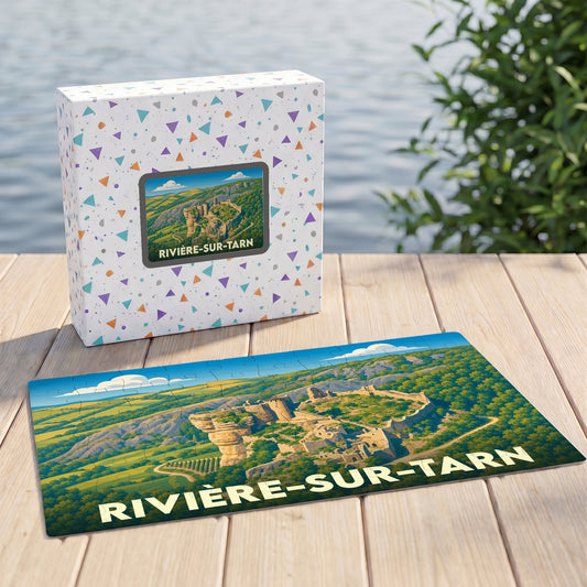 Puzzle souvenir de la ville de Rivière-sur-Tarn avec une illustration stylisée d'un château médiéval.