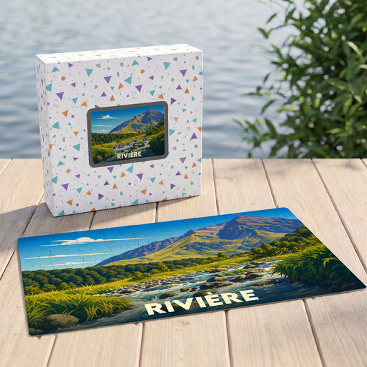 Puzzle souvenir de la ville de Rivière avec une illustration stylisée de paysage montagneux.