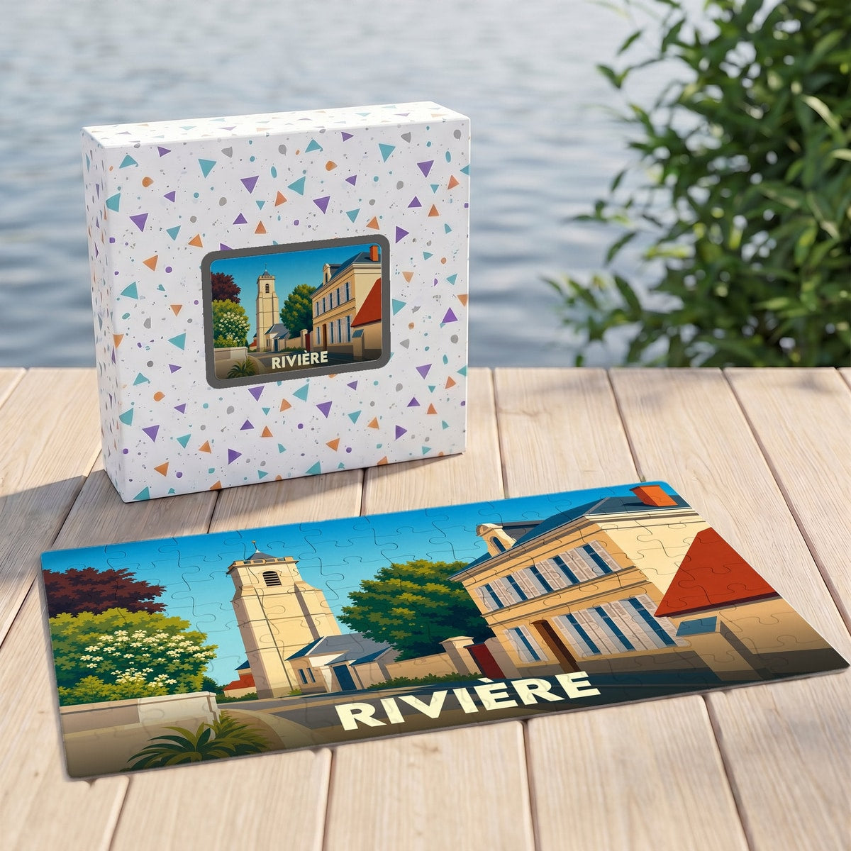 Puzzle souvenir de la ville de Rivière avec une illustration stylisée d'une rue et son clocher.