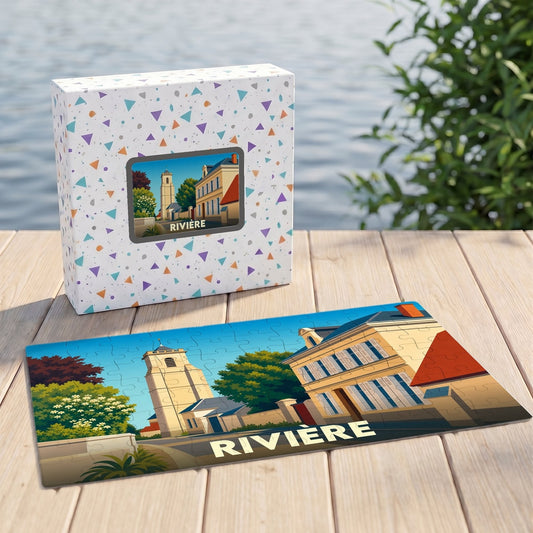 Puzzle souvenir de la ville de Rivière avec une illustration stylisée d'une rue et son clocher.