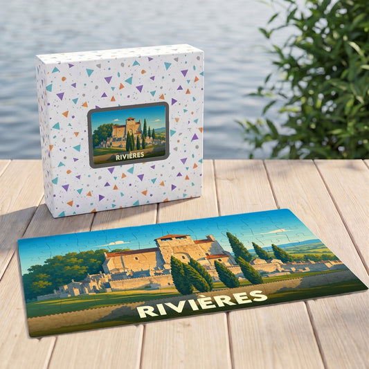 Puzzle souvenir de la ville de Rivières avec une illustration stylisée d'un bâtiment historique.