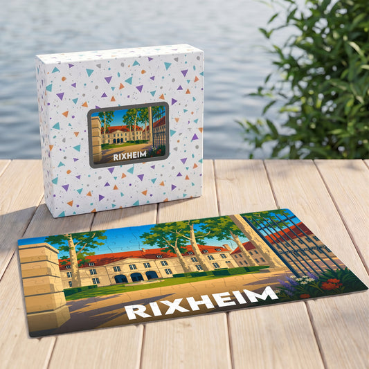 Puzzle souvenir de la ville de Rixheim avec une illustration stylisée de son patrimoine.