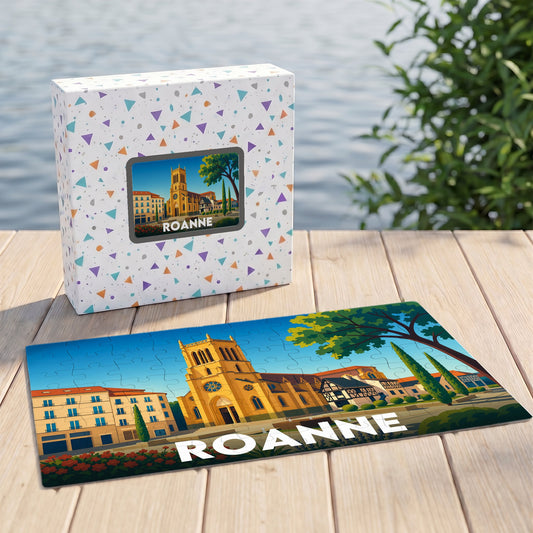 Puzzle souvenir de la ville de Roanne avec une illustration stylisée et colorée de son architecture.