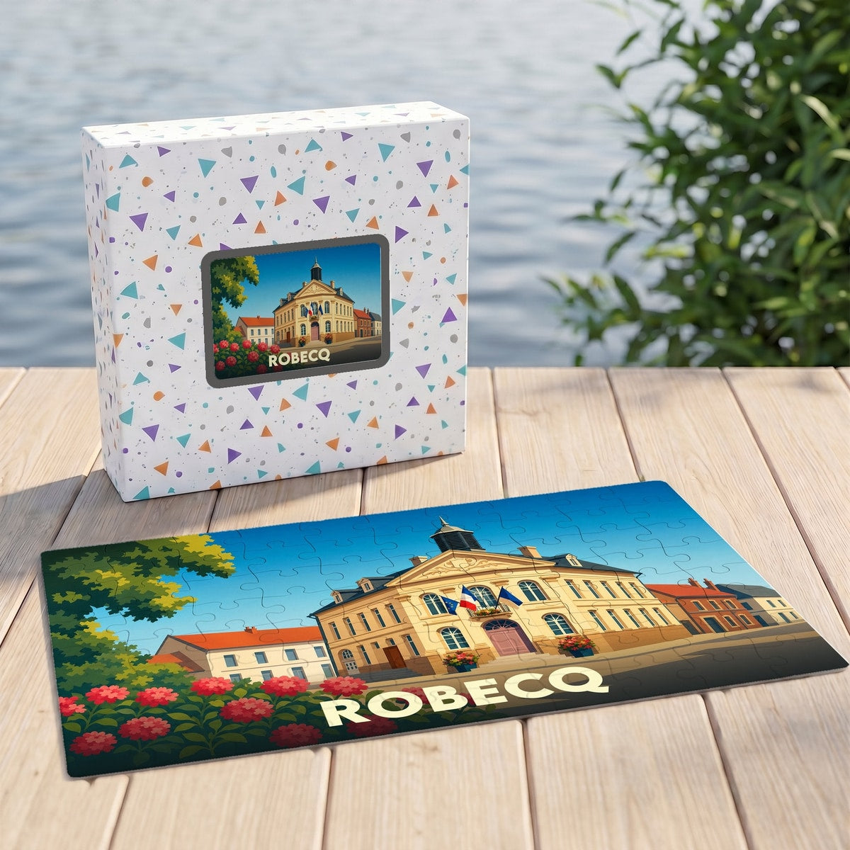 Puzzle souvenir de la ville de Robecq avec une illustration stylisée du bâtiment de la mairie.
