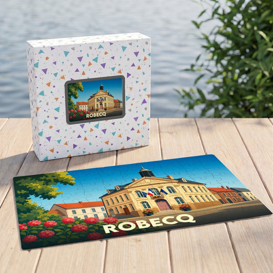 Puzzle souvenir de la ville de Robecq avec une illustration stylisée du bâtiment de la mairie.