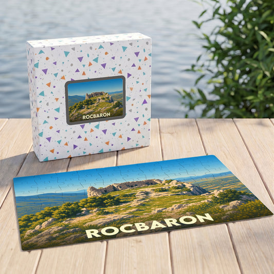 Puzzle souvenir de la ville de Rocbaron avec une illustration panoramique de ses ruines historiques.
