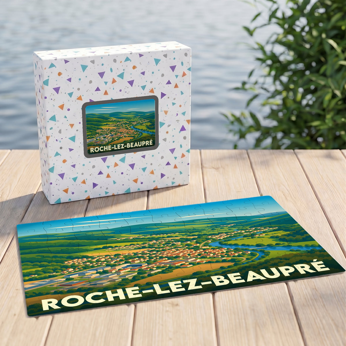 Puzzle souvenir de la ville de Roche-lez-Beaupré avec une illustration paysagère stylisée.