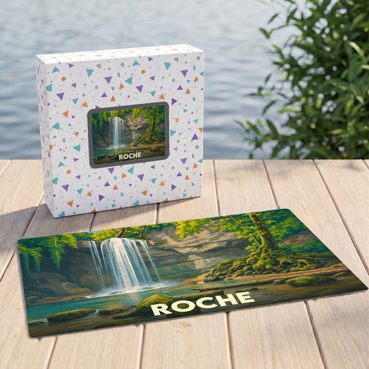 Puzzle souvenir de la ville de Roche avec une illustration de cascade.
