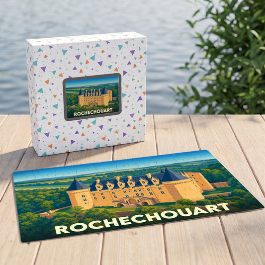 Puzzle souvenir de la ville de Rochechouart illustrant son château dans un style graphique épuré.