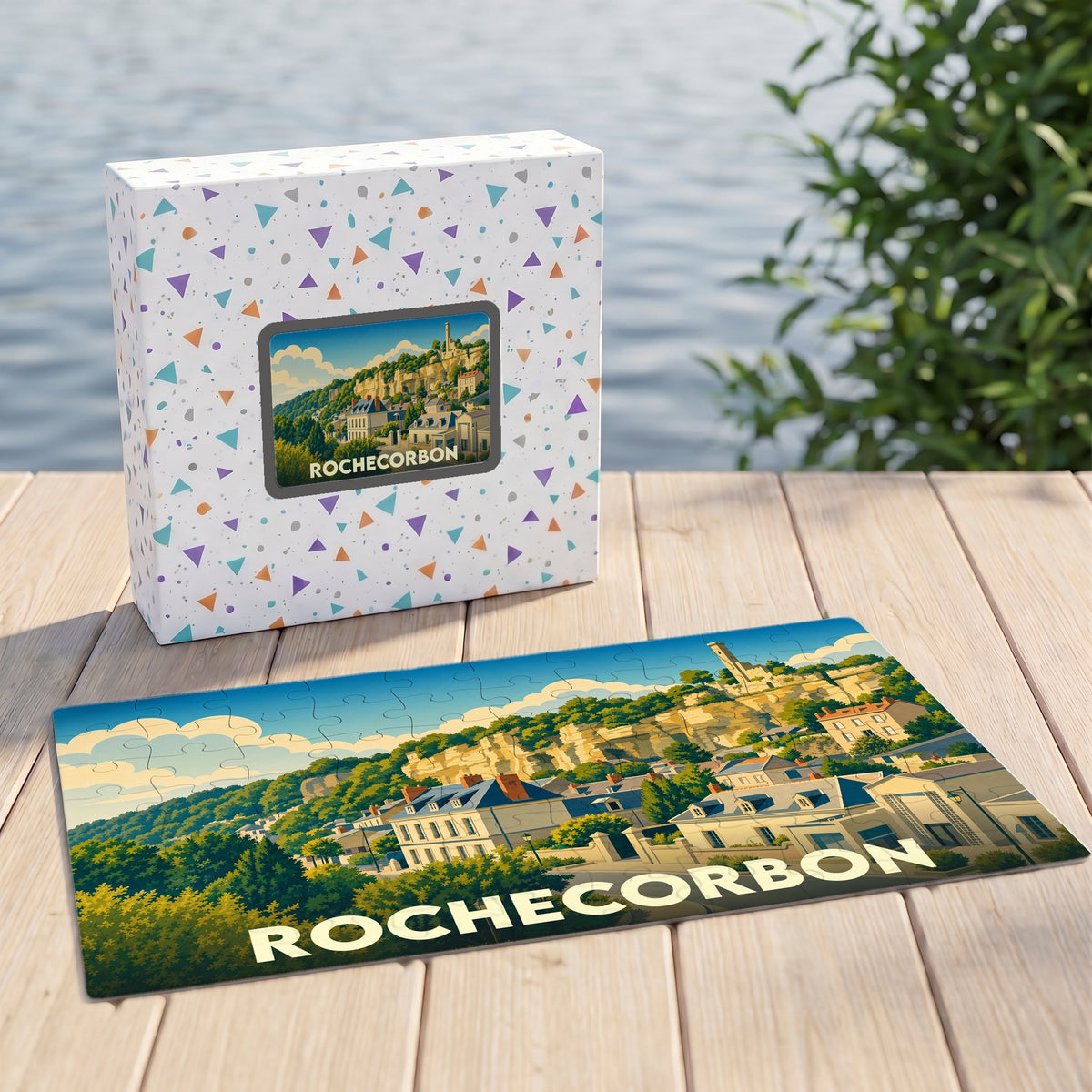 Puzzle souvenir de la ville de Rochecorbon avec une illustration stylisée et colorée.