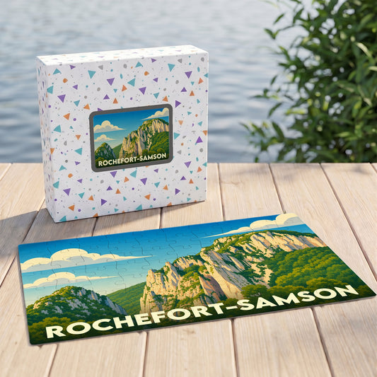 Puzzle souvenir de Rochefort-Samson présentant une illustration stylisée de ses falaises.