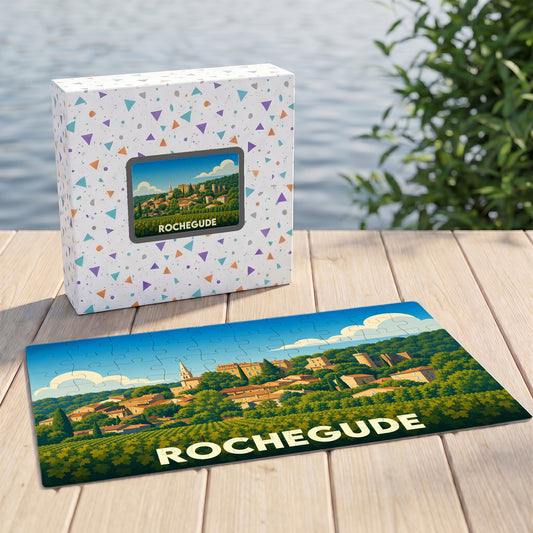 Puzzle souvenir de la ville de Rochegude avec une illustration stylisée d'un paysage provençal.