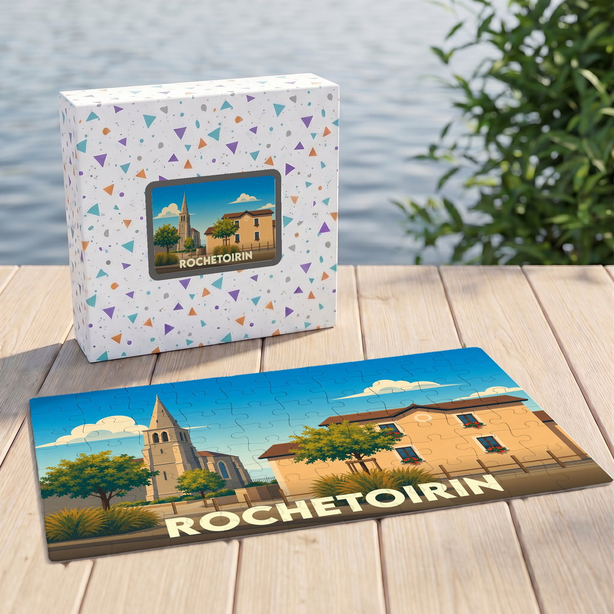 Puzzle souvenir de la ville de Rochetoirin avec une illustration stylisée et sa boîte assortie.