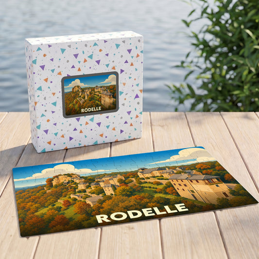 Puzzle souvenir de la ville de Rodelle avec une illustration de son paysage urbain et arboré.