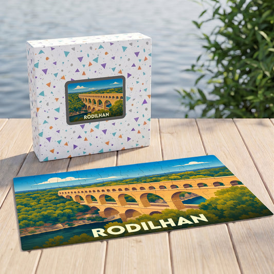 Puzzle souvenir de la ville de Rodilhan représentant le Pont du Gard dans un style illustré.