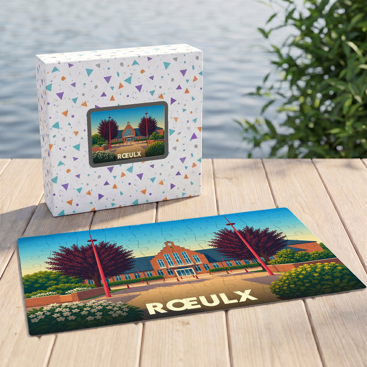 Puzzle souvenir de la ville de Rœulx avec une illustration stylisée.
