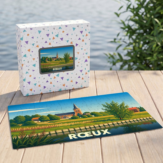 Puzzle souvenir de la ville de Rœux avec une illustration stylisée de son église et du bord de l'eau.