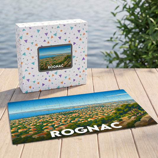 Puzzle souvenir de la ville de Rognac avec une illustration stylisée d'un paysage panoramique.