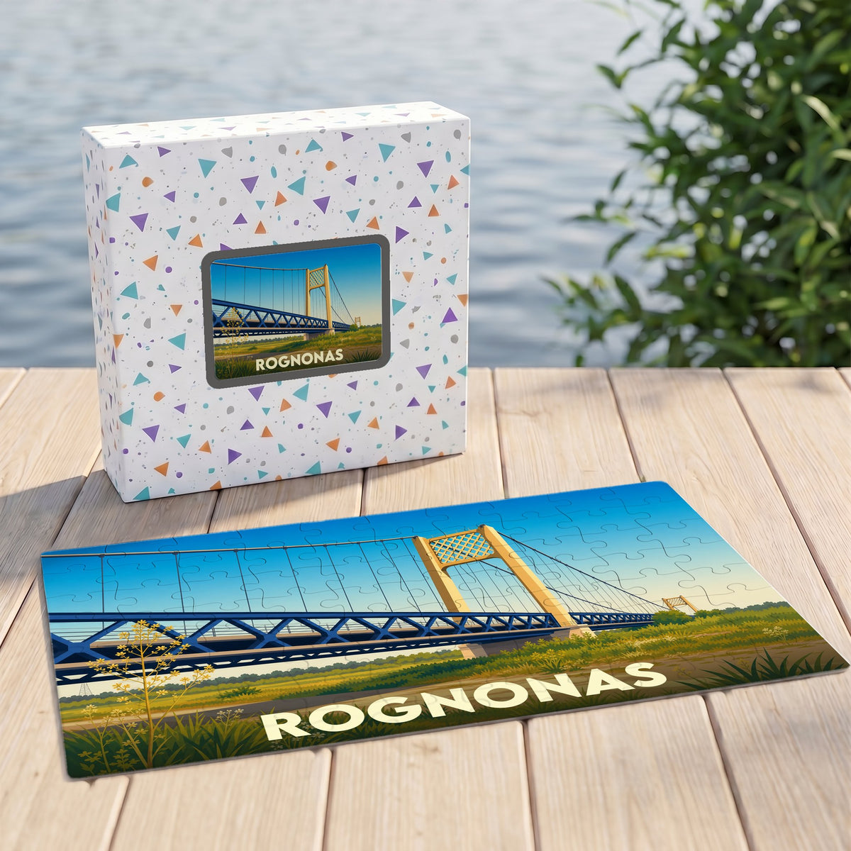 Puzzle souvenir de la ville de Rognonas représentant son pont suspendu avec une illustration stylisée.