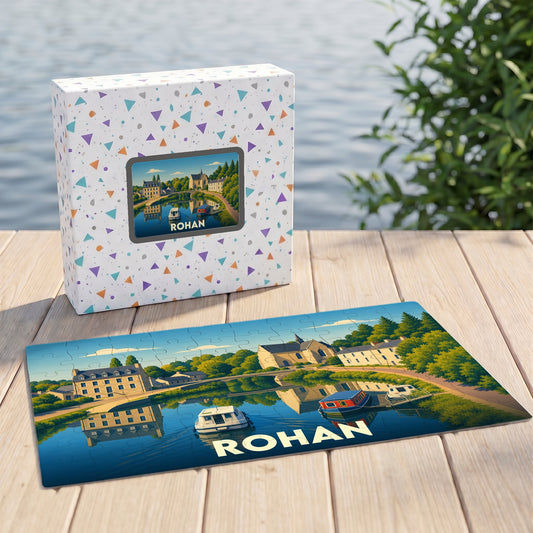 Puzzle souvenir de la ville de Rohan avec une illustration stylisée d'un paysage fluvial.