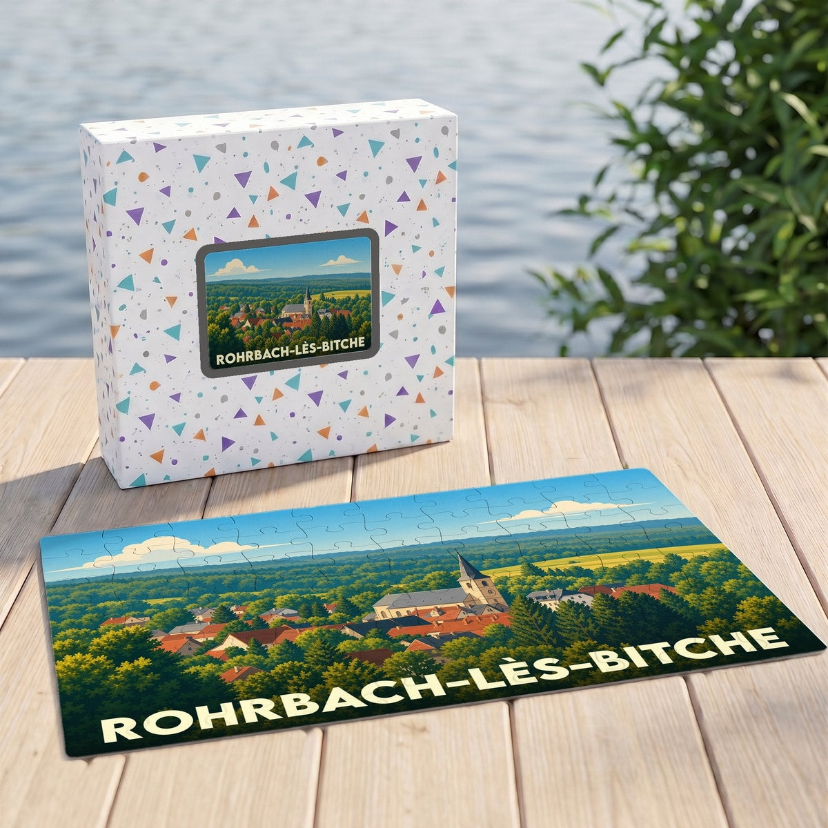 Puzzle souvenir de la ville de Rohrbach-lès-Bitche représentant une vue panoramique illustrée du village et de son église.