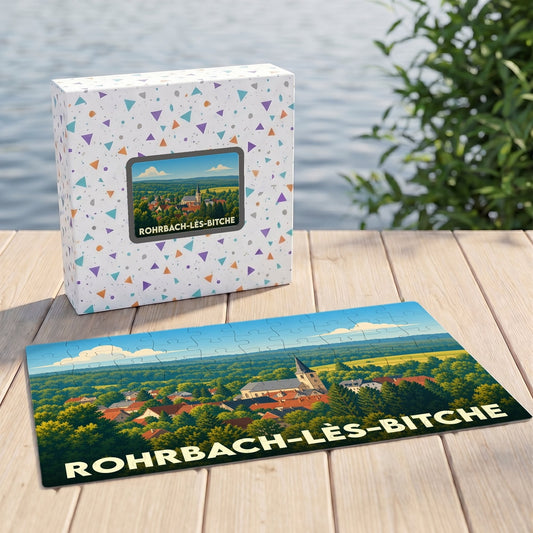 Puzzle souvenir de la ville de Rohrbach-lès-Bitche représentant une vue panoramique illustrée du village et de son église.