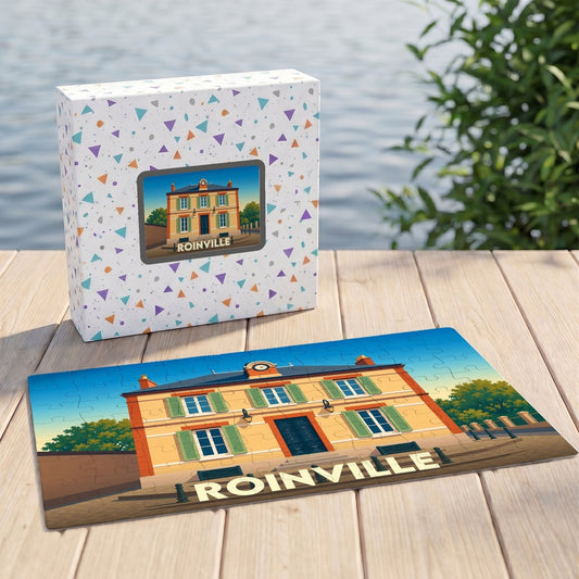Puzzle souvenir de la ville de Roinville représentant son hôtel de ville dans un style illustré.