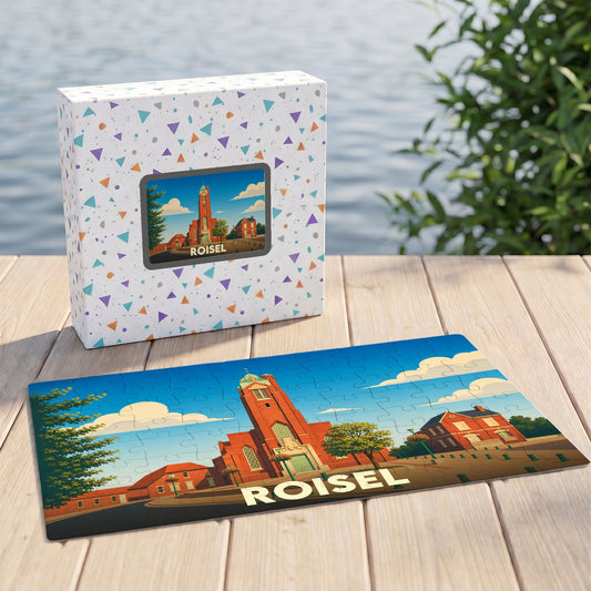 Puzzle souvenir de la ville de Roisel avec une illustration stylisée et colorée.